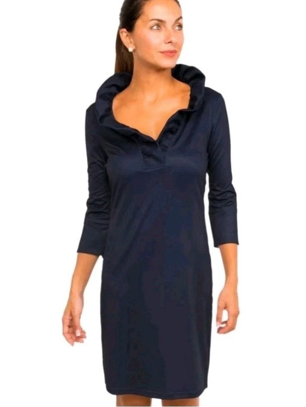 Gretchen Scott Ruffle Neck Black Shift Dress Pink Contrast Small Preppy Office